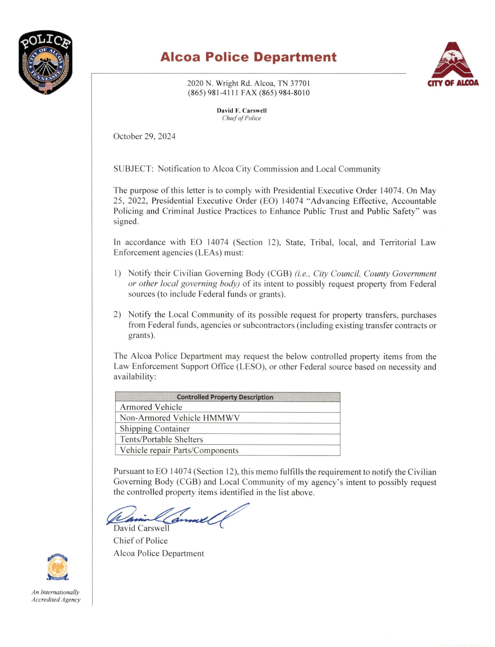 Notification CGB and Local Community 10-29-24