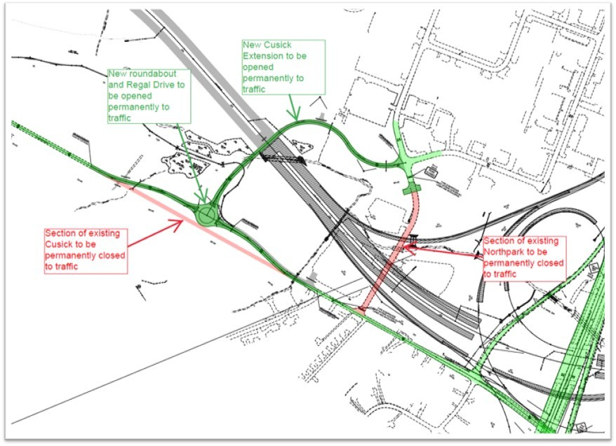 updated traffic pattern to include the new roundabout on Cusick Road